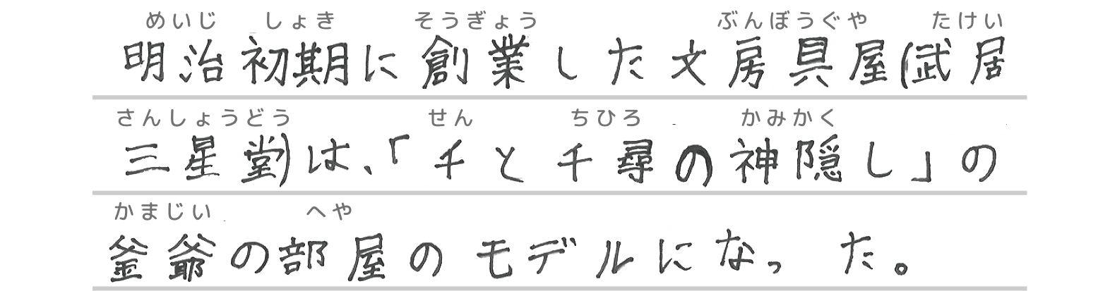 明治初期に創業した文房具屋（武居三星堂）は、「千と千尋の神隠し」の釜爺の部屋のモデルになった。