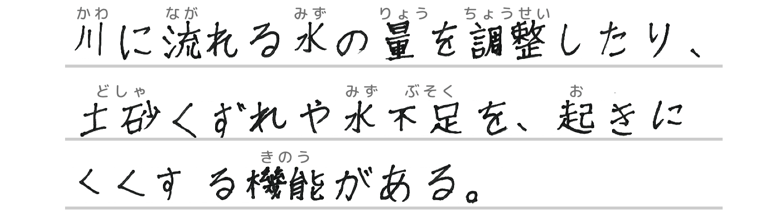 川に流れる水の量を調整したり、土砂くずれや水不足を、起きにくくする機能がある。